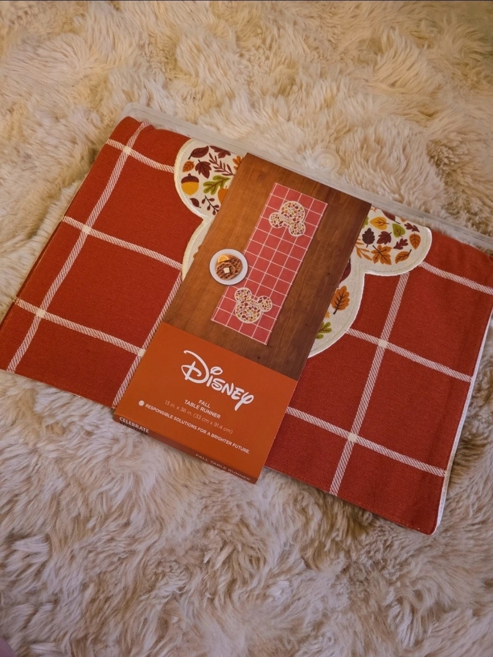 Disney Fall Plaid Mickey Head Table Runner in Rust Orange